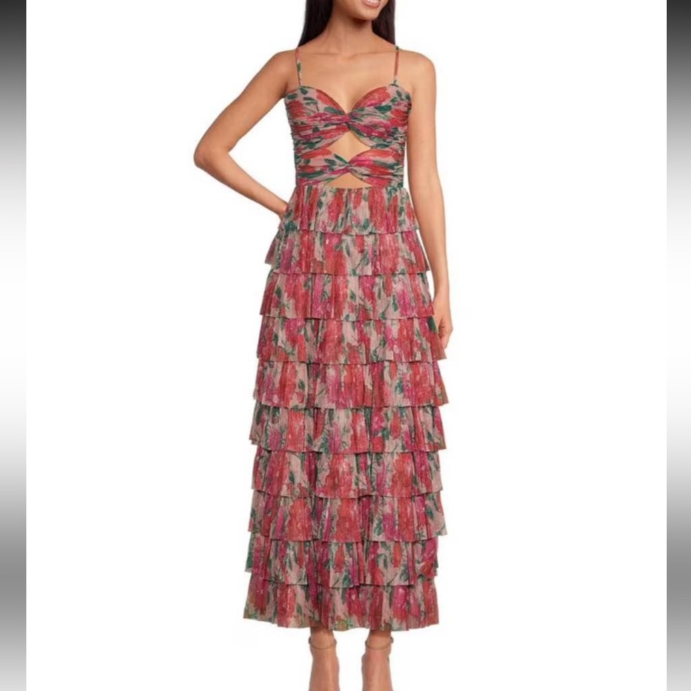 Gianni Bini Grace Plisse Floral Print Sweetheart Neck Cut-Out Tiered Dress NWT